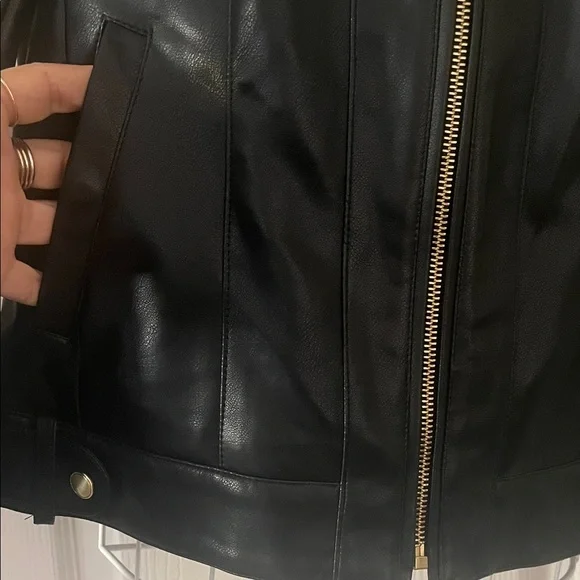 Cole Haan Black Leather Feel Biker Jacket with Gold Accents Zipper - Picture 2 of 13